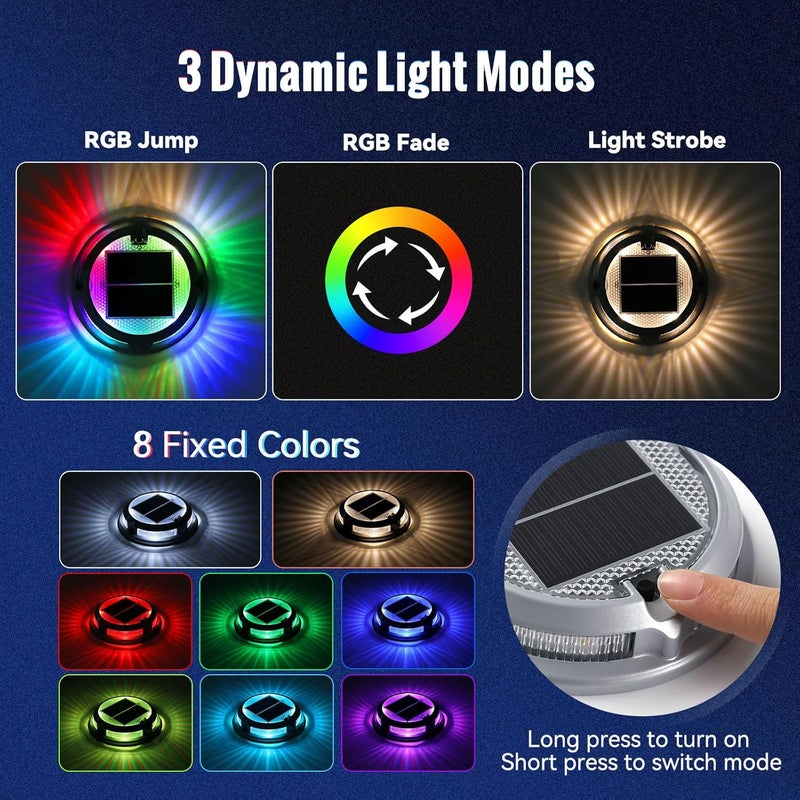 FabStyl Solar Driveway Lights Outdoor 12 Pack, RGB Colors Solar Deck Dock Lights Outdoor Waterproof IP68, 3 Dynamic Light Modes Driveway Marker for Warning Stair, Boat Dock, Step, Walkway, Garden Decor - Image 2